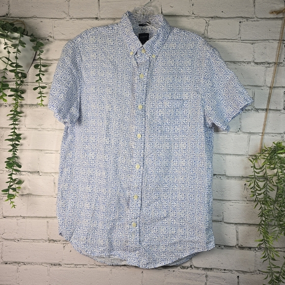 J. Crew Mens Blue and White Patterned Casual Shirt Linen Blend Slim Fit Med - Picture 1 of 8